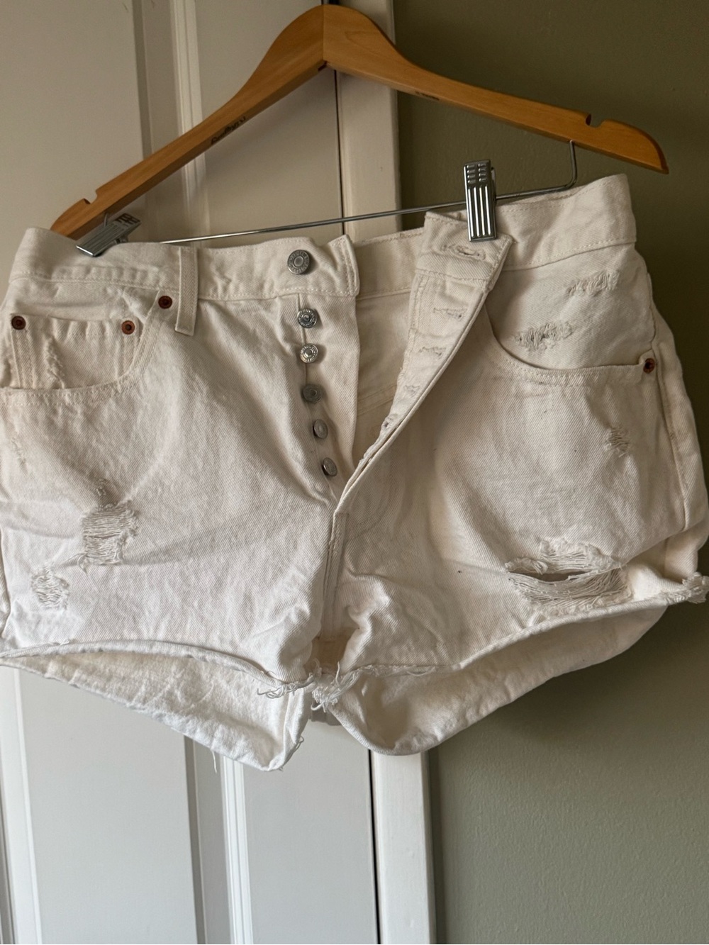 High-Rise Distressed White Denim Shorts
